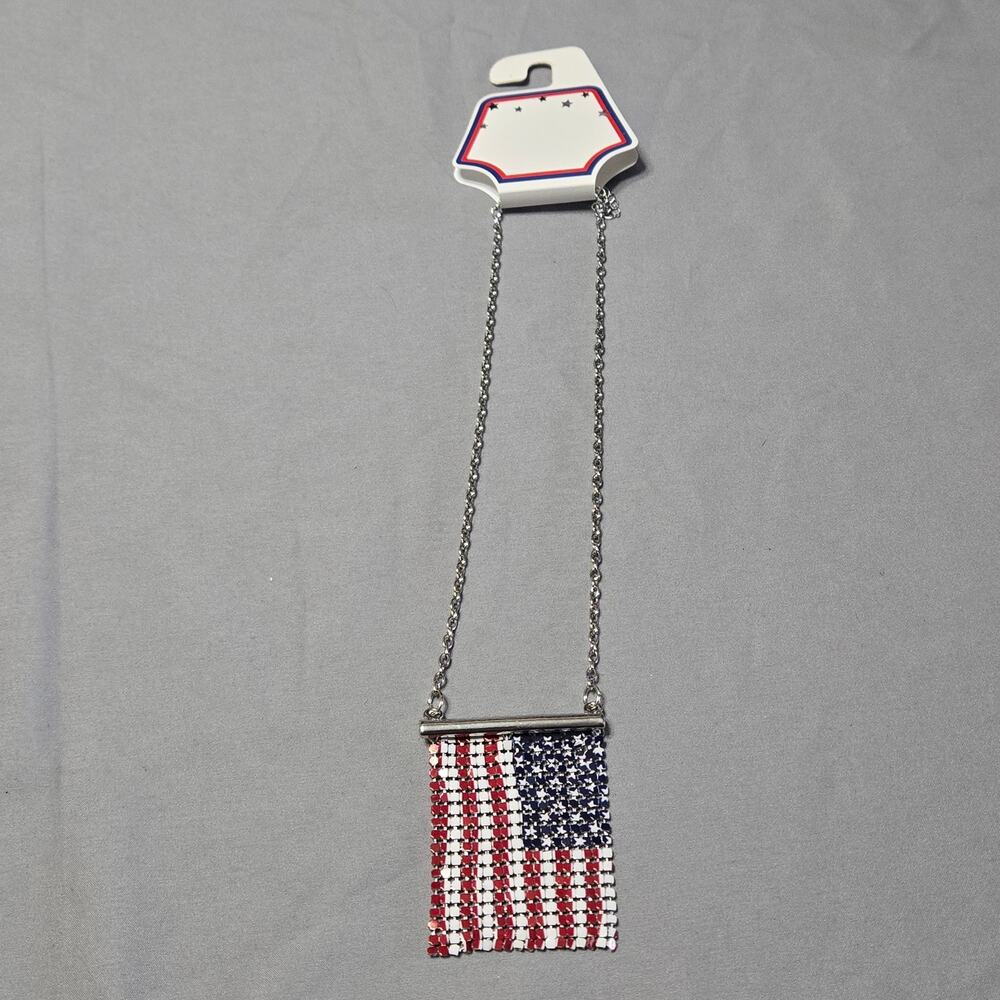 Patriotic American Flag Rhinestone Mesh Necklace Sparkly USA Fourth of July